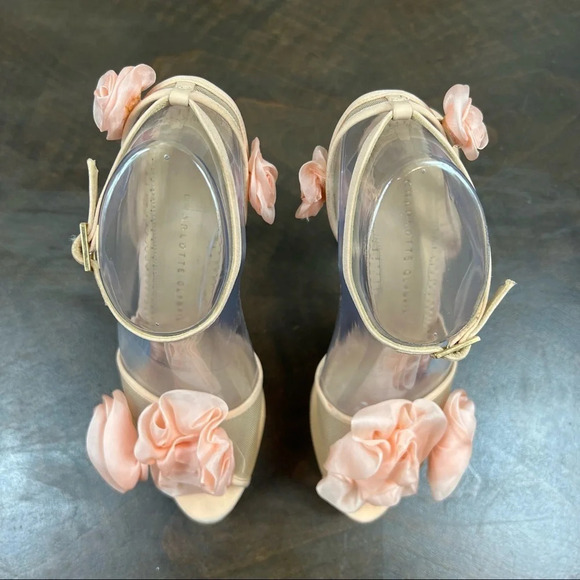 Charlotte Olympia Fleur Platform Sandals Heels Organza Flowers Pink Nude 38 1/2 - Picture 3 of 16